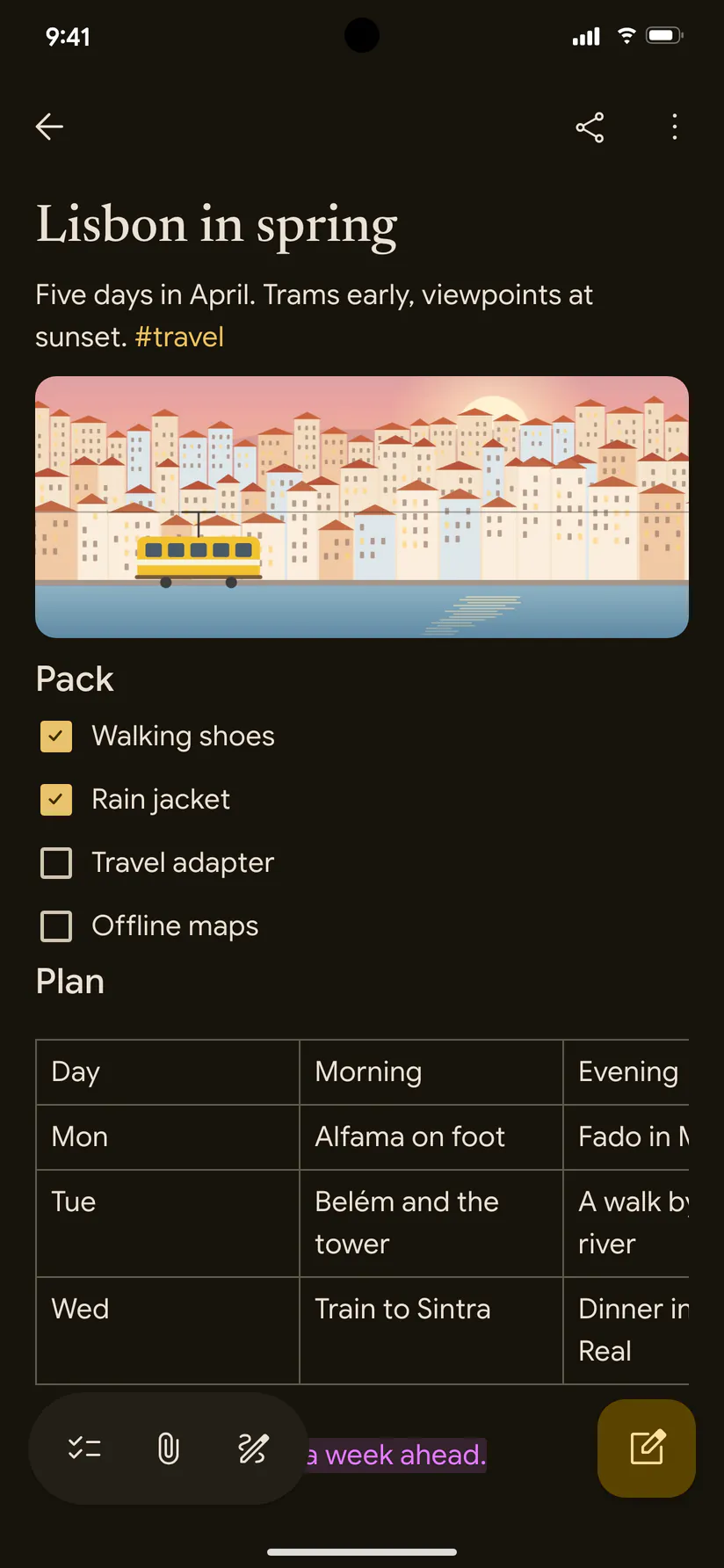 The Lisbon in spring note on Android in dark mode, with square Material checkboxes, a rounded picture and the floating toolbar.