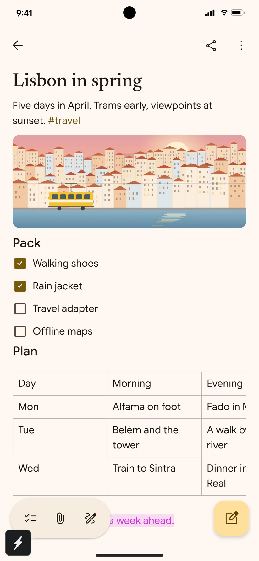 The Lisbon in spring note on Android, with square Material checkboxes, a rounded picture and the floating toolbar.