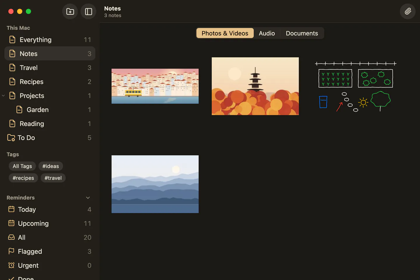 The attachments browser on a Mac in dark mode: tabs for Photos and Videos, Scans, Maps, Websites, Audio and Documents over a grid of three pictures and a sketch.
