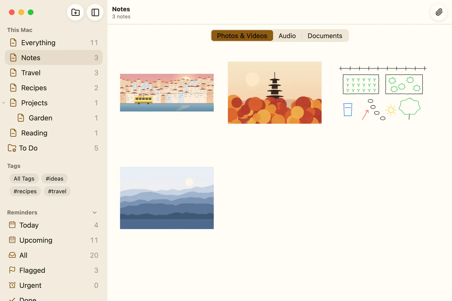 The attachments browser on a Mac: tabs for Photos and Videos, Scans, Maps, Websites, Audio and Documents over a grid of three pictures and a sketch.
