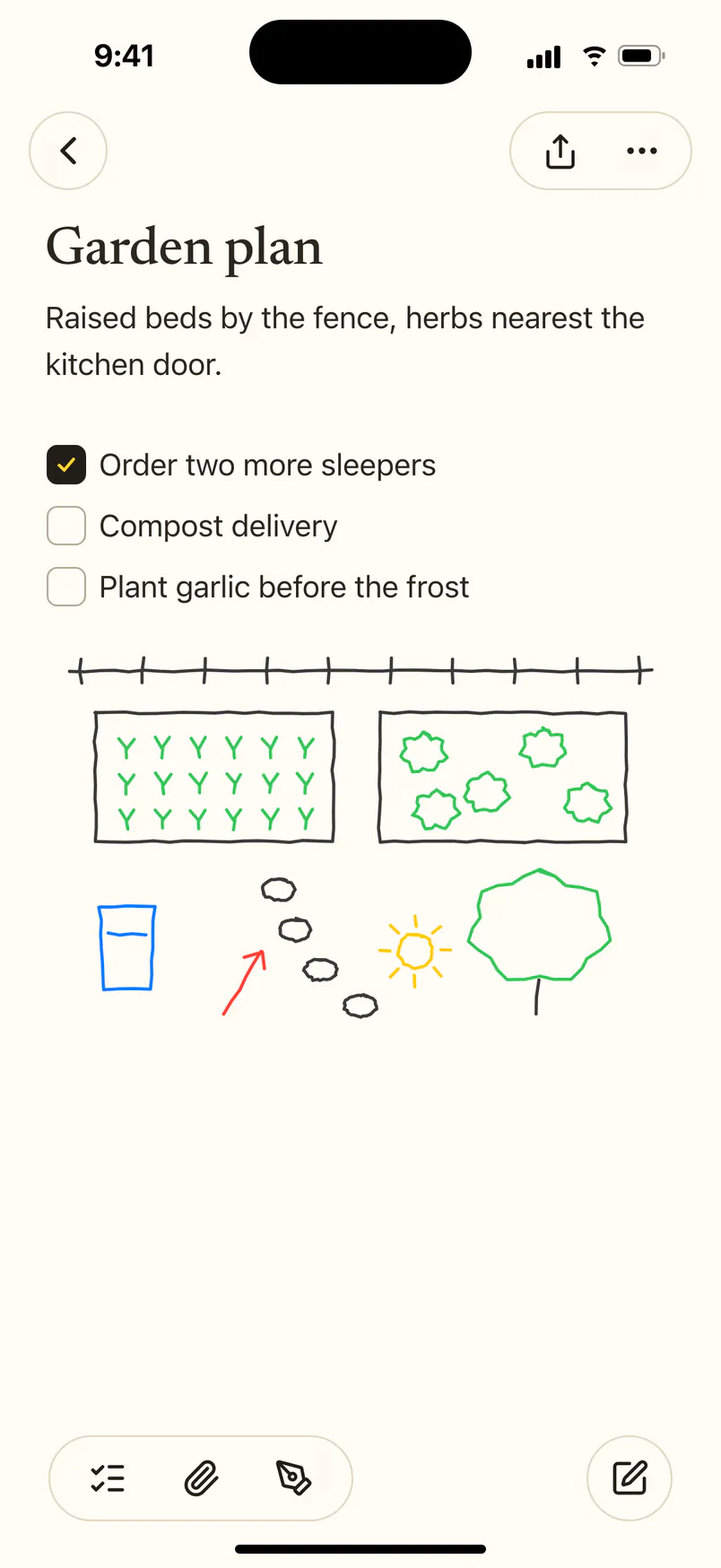 A note called Garden plan on iPhone, with a checklist and a hand-drawn sketch of the garden.