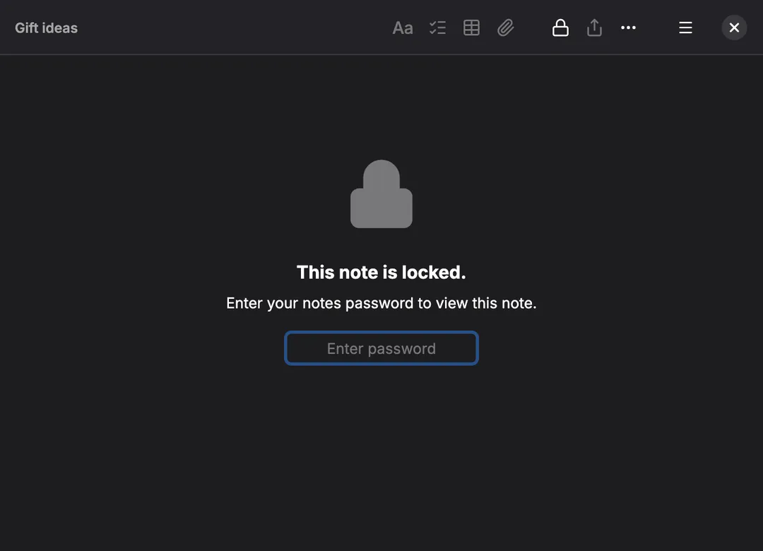 A locked note called Gift ideas in its own window on Linux, in dark mode: a lock, the words This note is locked, and a password field.