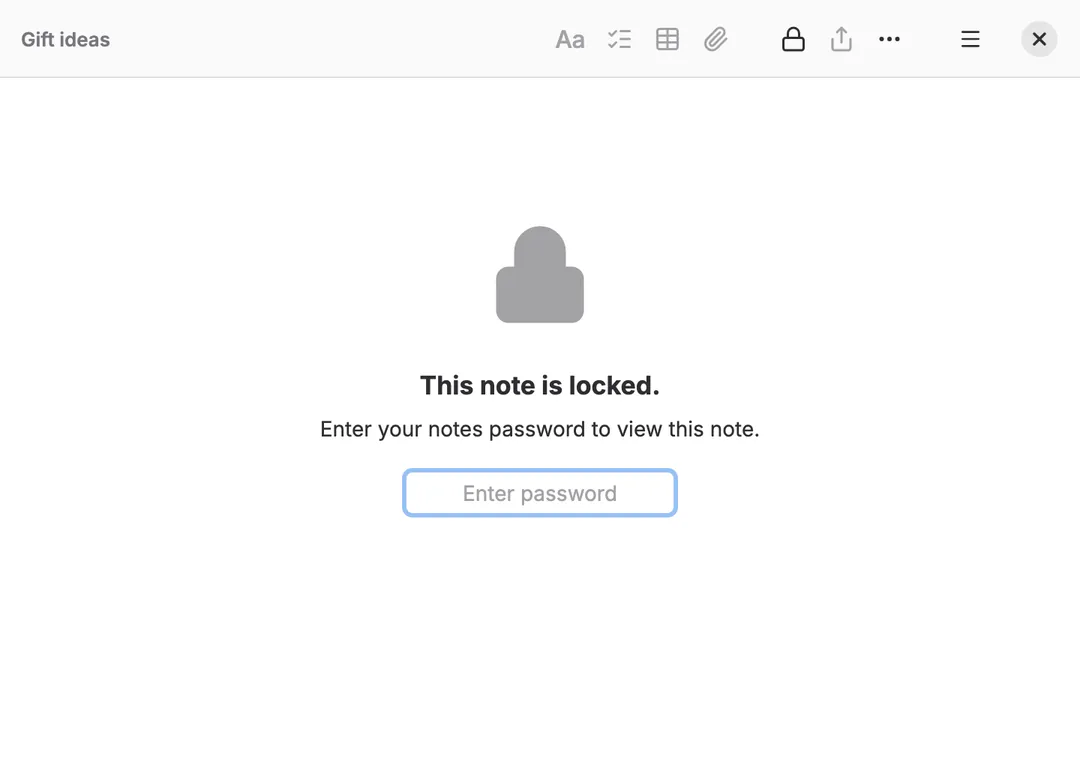 A locked note called Gift ideas in its own window on Linux: a lock, the words This note is locked, and a password field.
