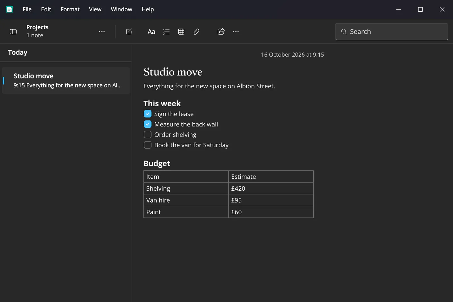 A note called Studio move on Windows in dark mode, with a checklist of four items, two ticked, and a budget table.