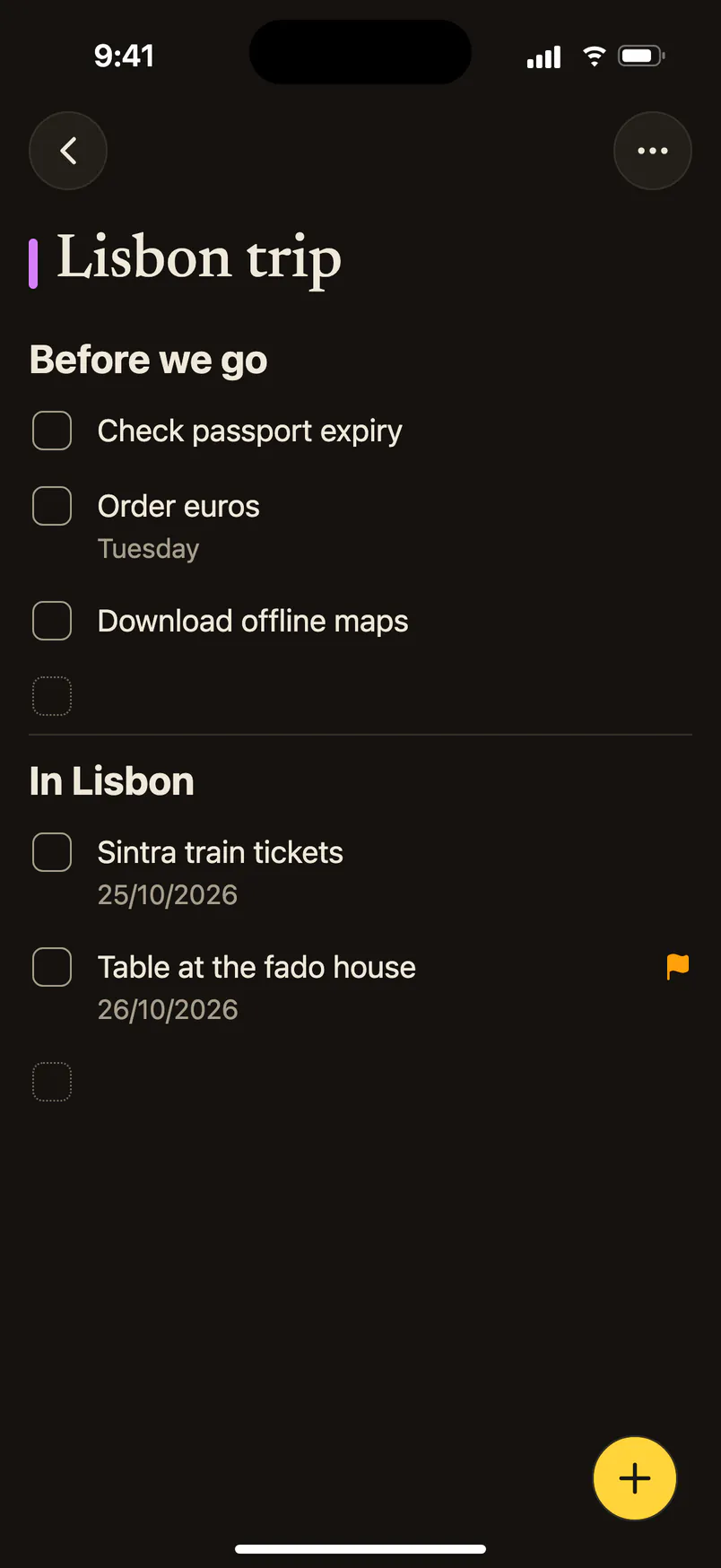 A purple reminders list called Lisbon trip on iPhone in dark mode, in two sections: Before we go and In Lisbon.