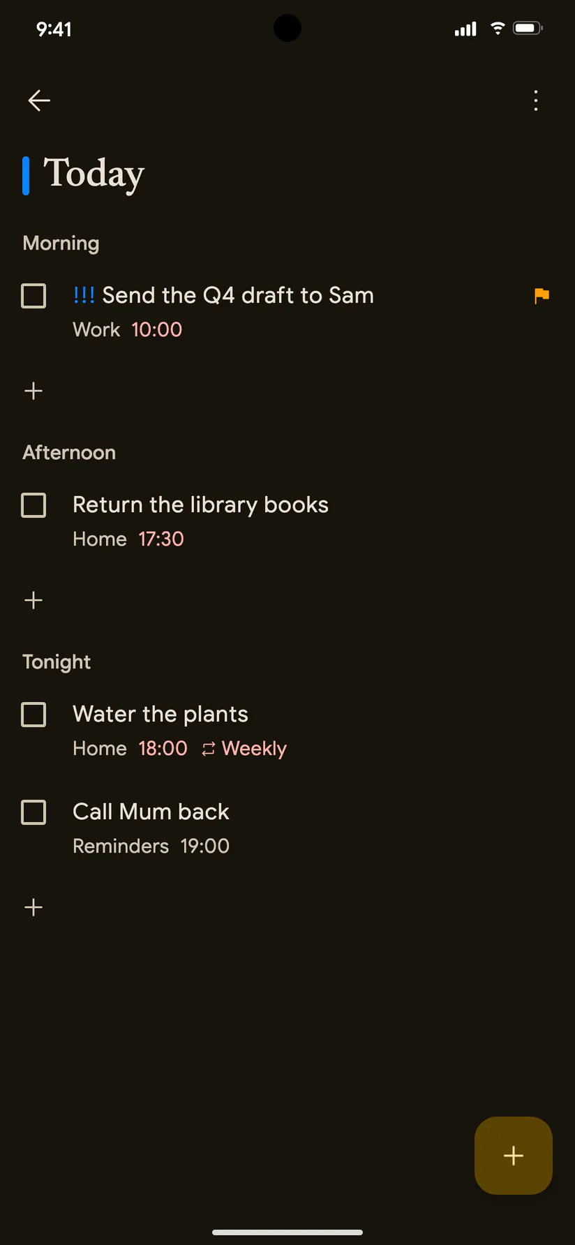 The Today list on Android in dark mode, grouped into morning, afternoon and tonight, with square checkboxes.