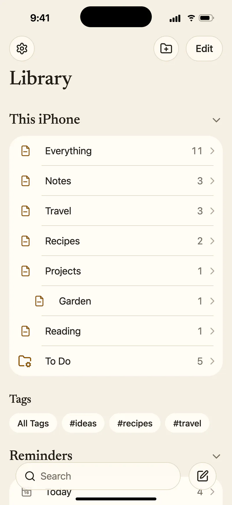 Notelet on iPhone: the Folders screen with the folders On My iPhone, tags, reminder tiles and the search bar at the bottom.